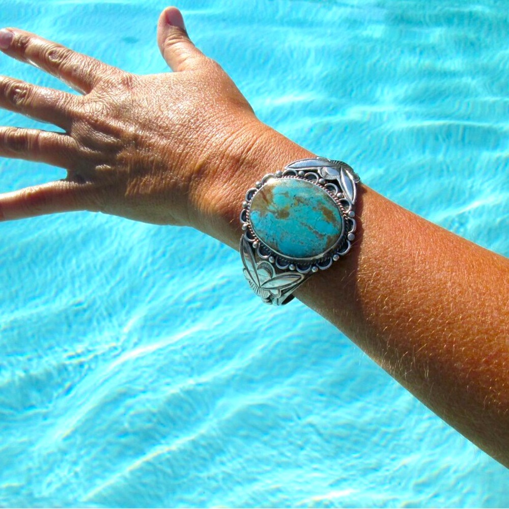 Vintage Fred Harvey Era Turquoise and Sterling Silver Cuff Bracelet